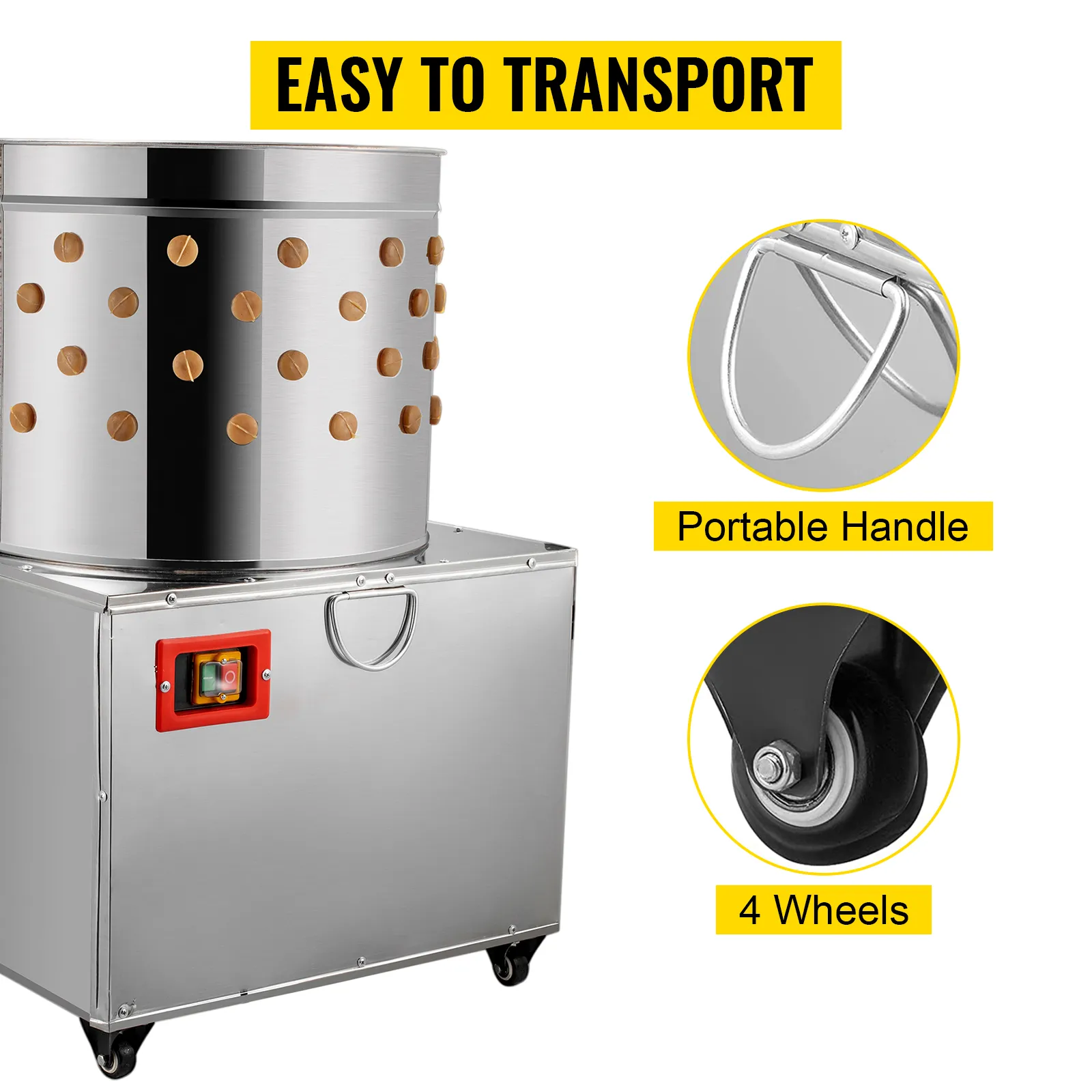 VEVOR chicken plucker with portable handle and wheels for easy transport.