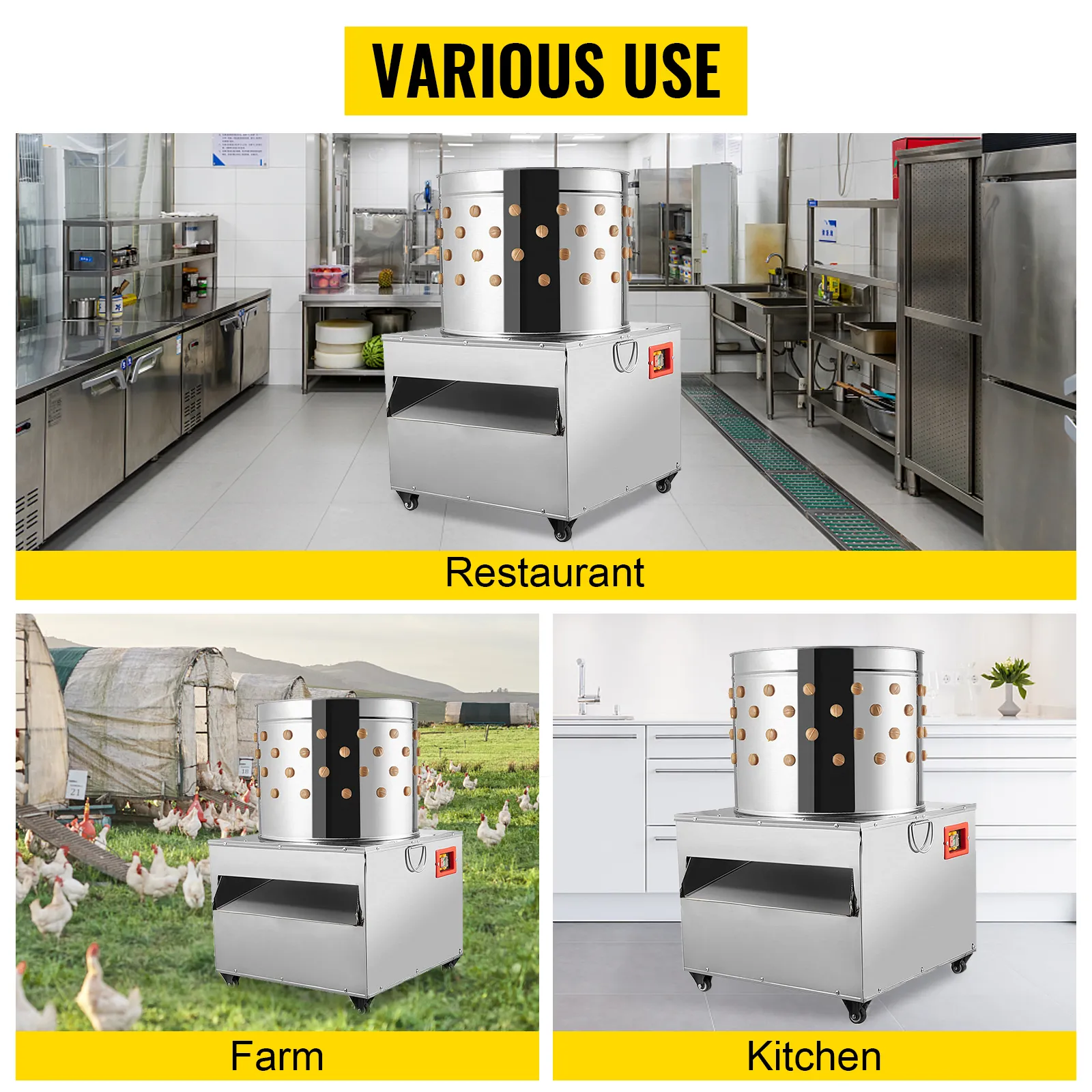 VEVOR chicken plucker in restaurant, farm, and kitchen use cases.