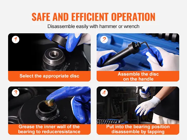 VEVOR bushing press kit in use, showing step-by-step safe and efficient operation instructions.