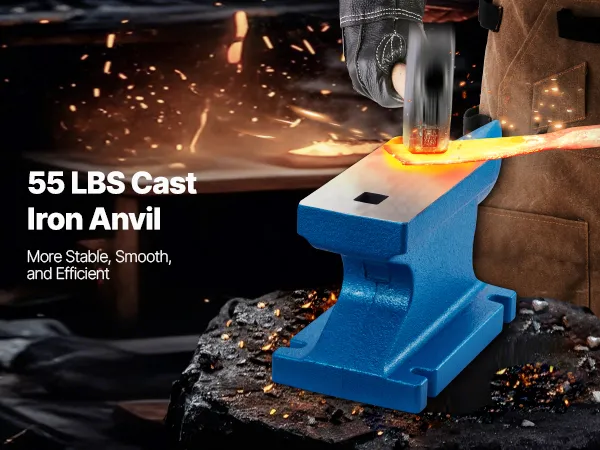 VEVOR single horn anvil 55 lbs iron anvil on wooden block in workshop background.