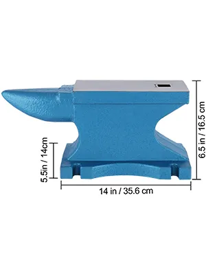 VEVOR single horn anvil, blue with measurements: 14in long, 6.5in high, and 5.5in horn.