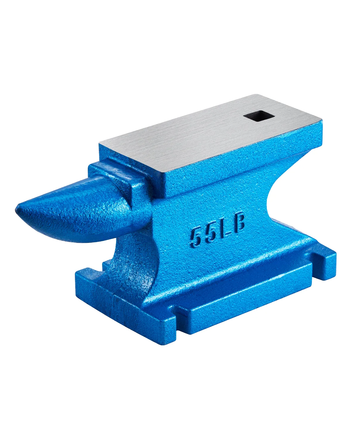 blue VEVOR single horn anvil with hardy hole on a white background.