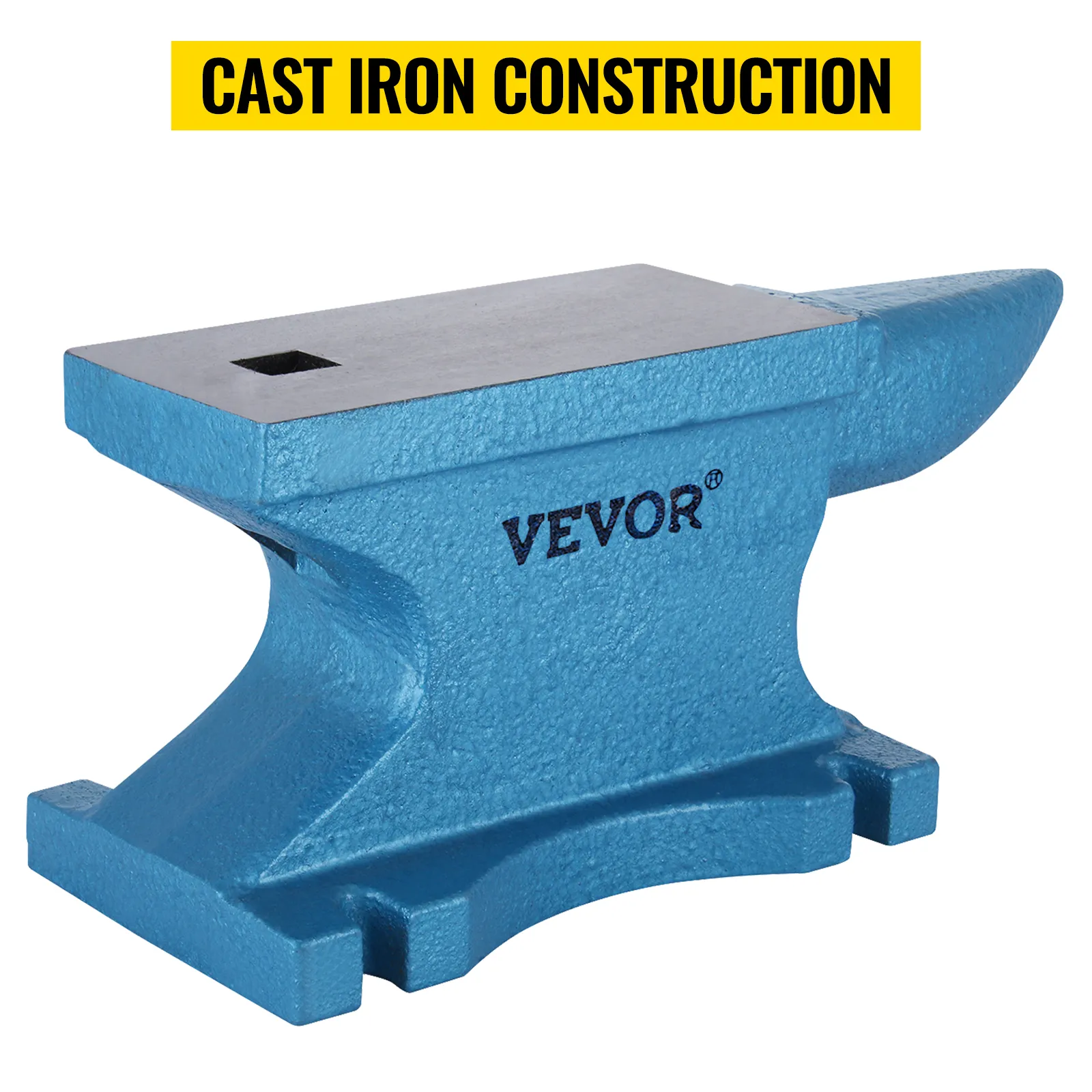 blue VEVOR single horn anvil with cast iron construction label.