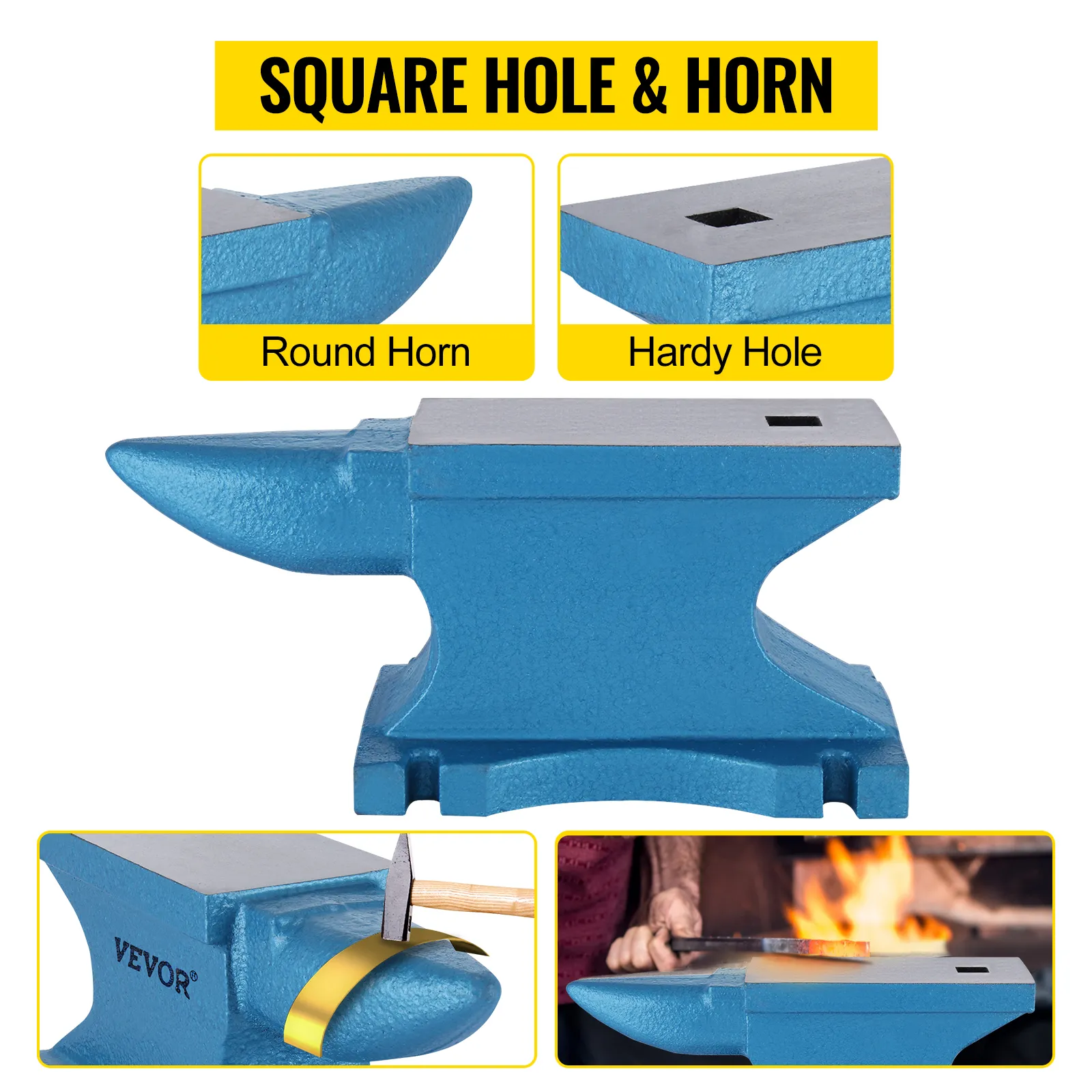 VEVOR single horn anvil with round horn, hardy hole, and blacksmith at forge.