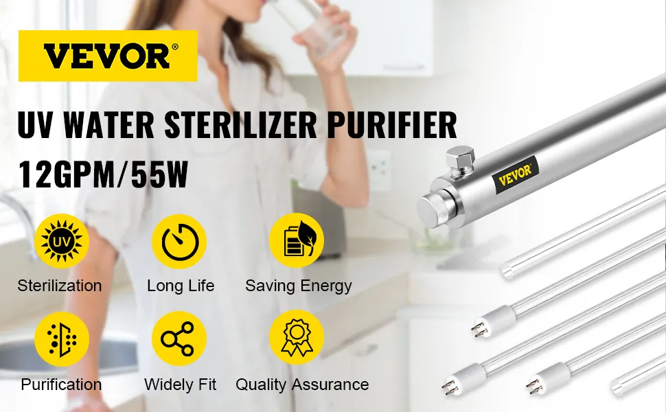 Purificador de agua UV VEVOR, 12 gpm/55 w, esterilización, ahorro de energía, garantía de calidad.