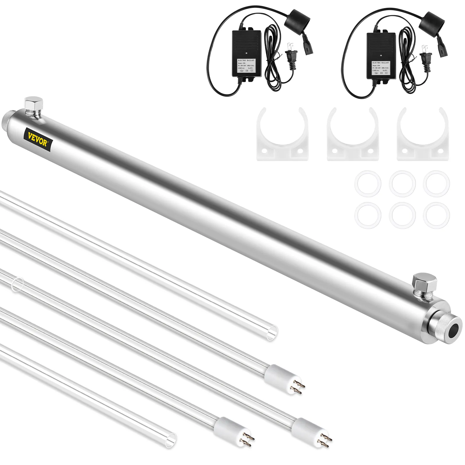 Purificador de agua UV VEVOR con cámara de acero inoxidable, lámparas UV y hardware de montaje.