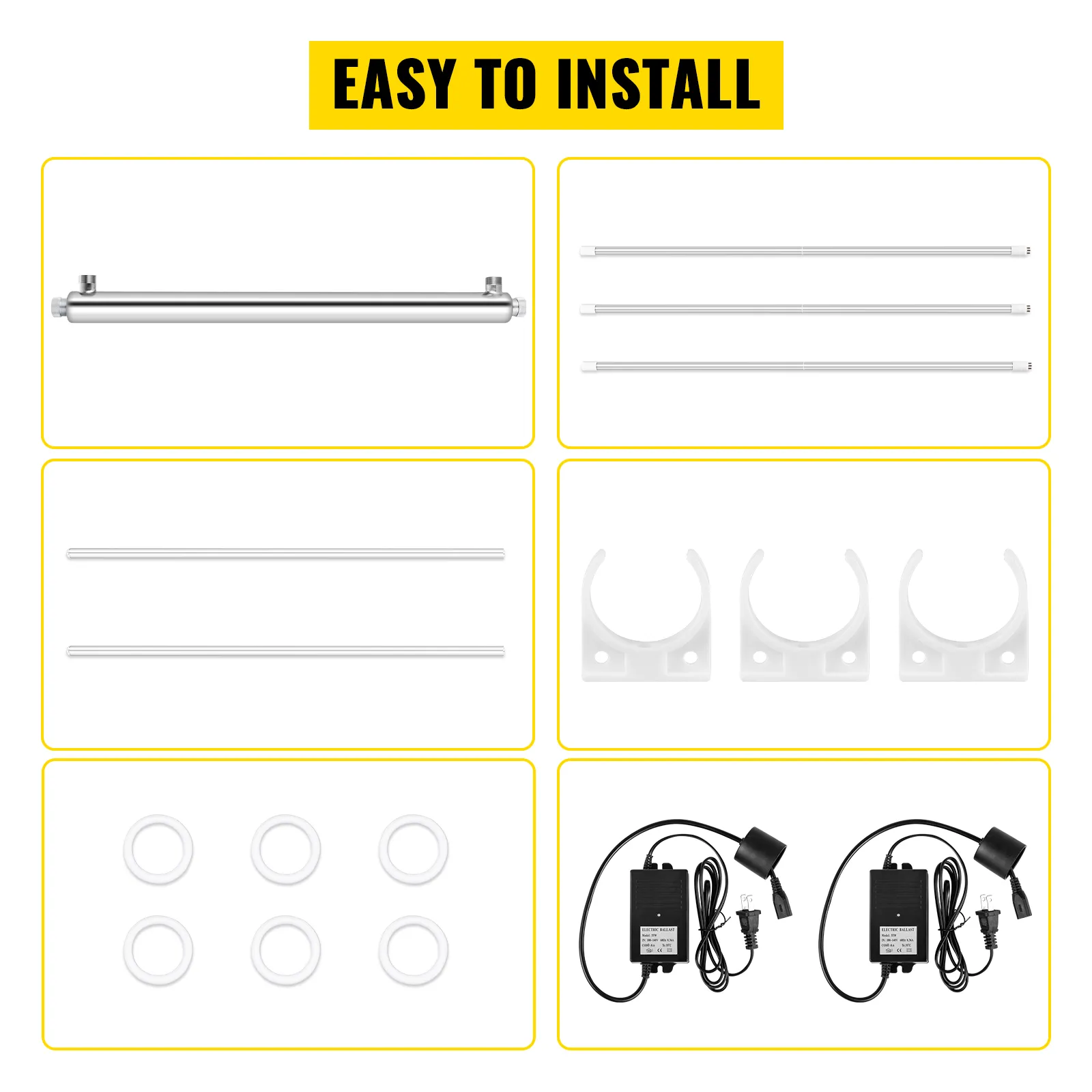 Kit de instalación de purificador de agua UV VEVOR con tubos, soportes y adaptadores de corriente.