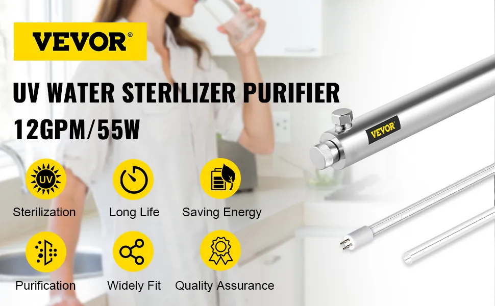 Purificador de agua UV VEVOR, 12 gpm/55 w, que muestra garantía de calidad y ahorro de energía.