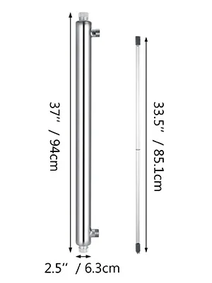 Purificador de agua UV VEVOR con tubo de acero inoxidable y lámpara UV con dimensiones.