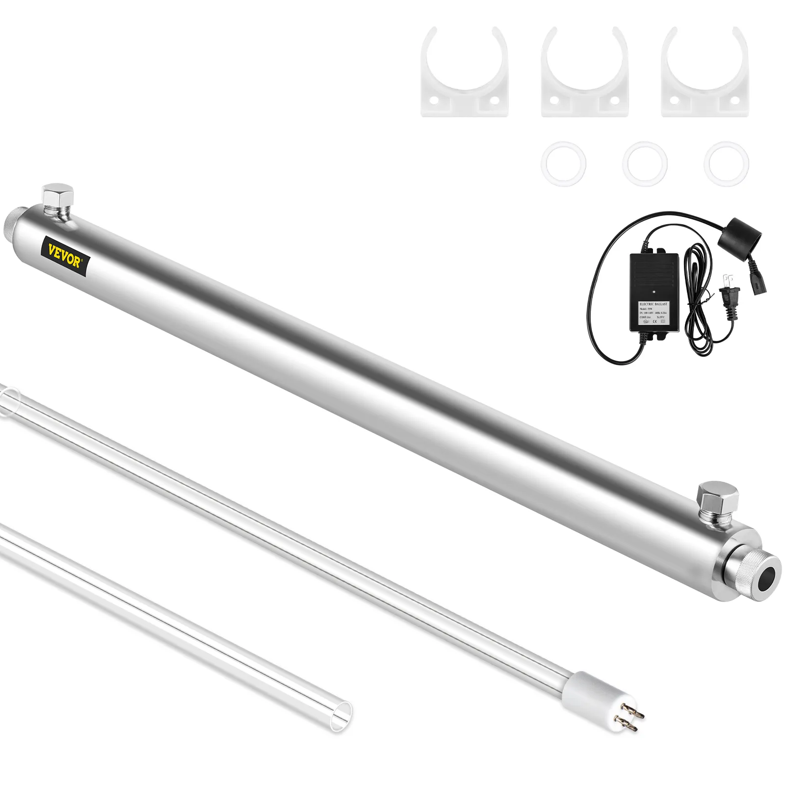 Purificador de agua UV VEVOR, tubo de acero inoxidable, adaptador de corriente, soportes de montaje.