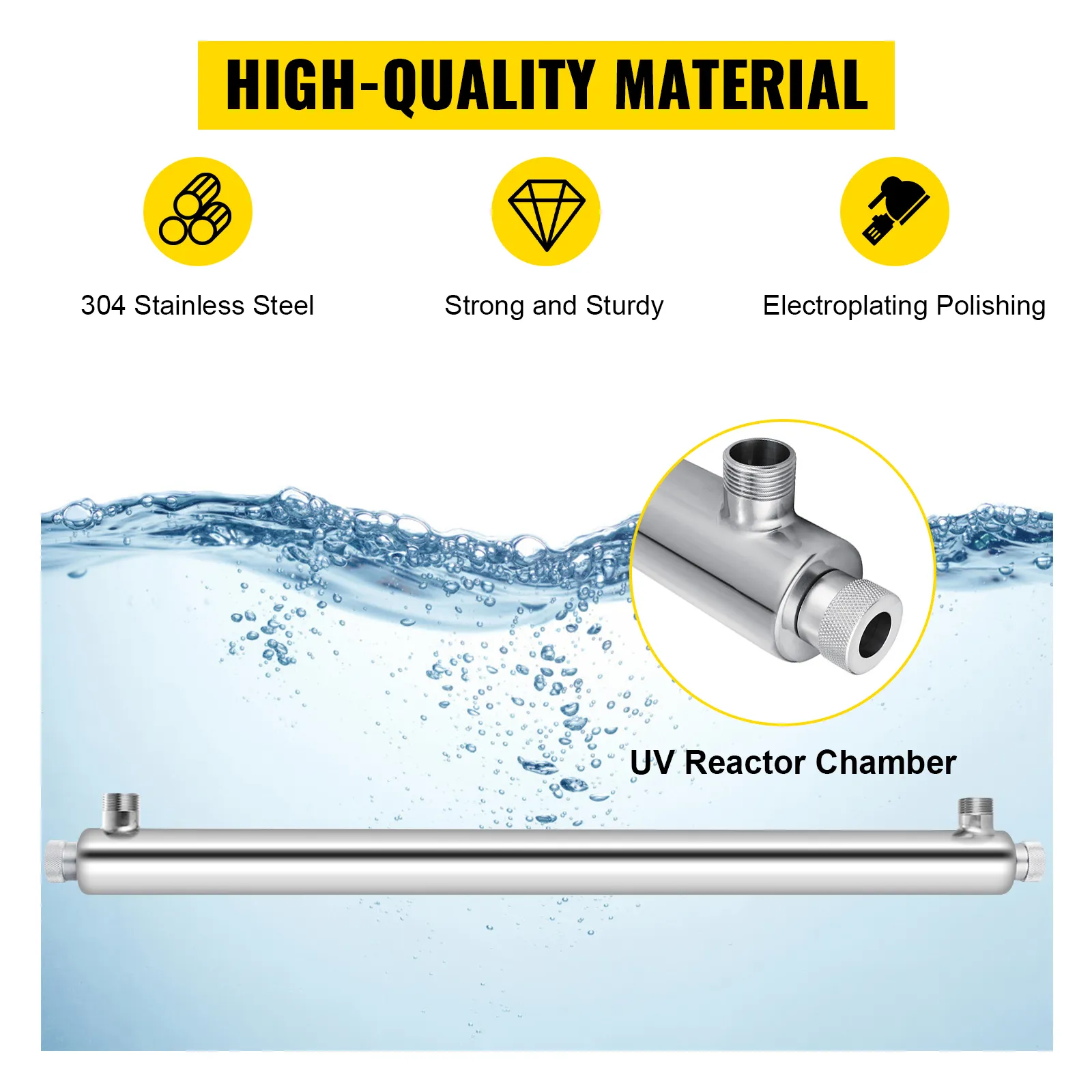 Purificador de agua UV VEVOR fabricado en acero inoxidable 304 para un rendimiento fuerte y resistente.