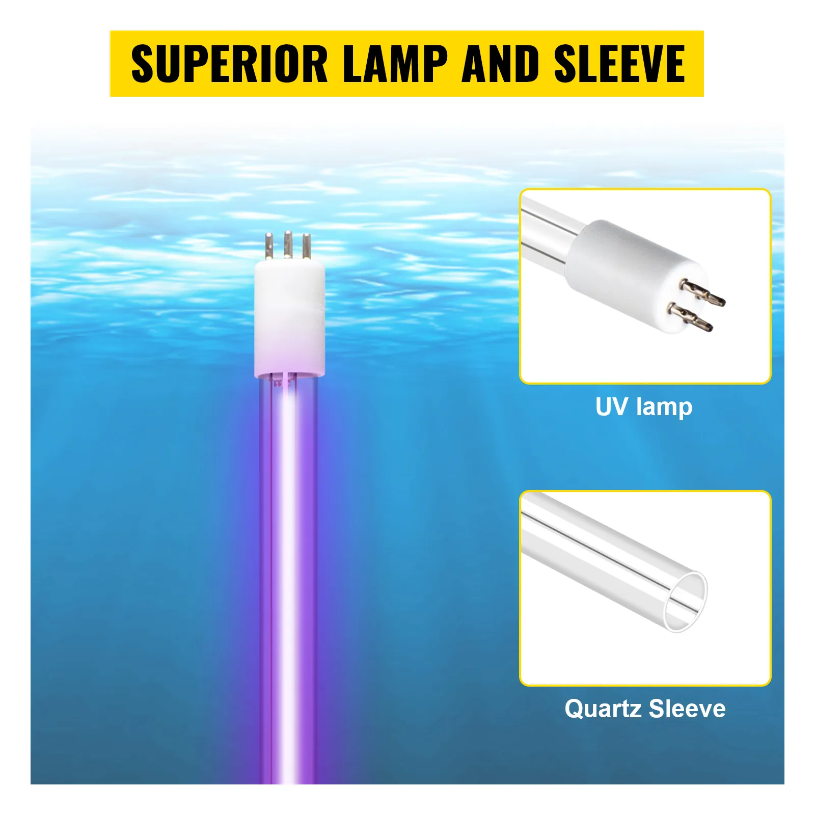 Purificador de agua UV VEVOR con lámpara superior y funda de cuarzo que se muestra bajo el agua.