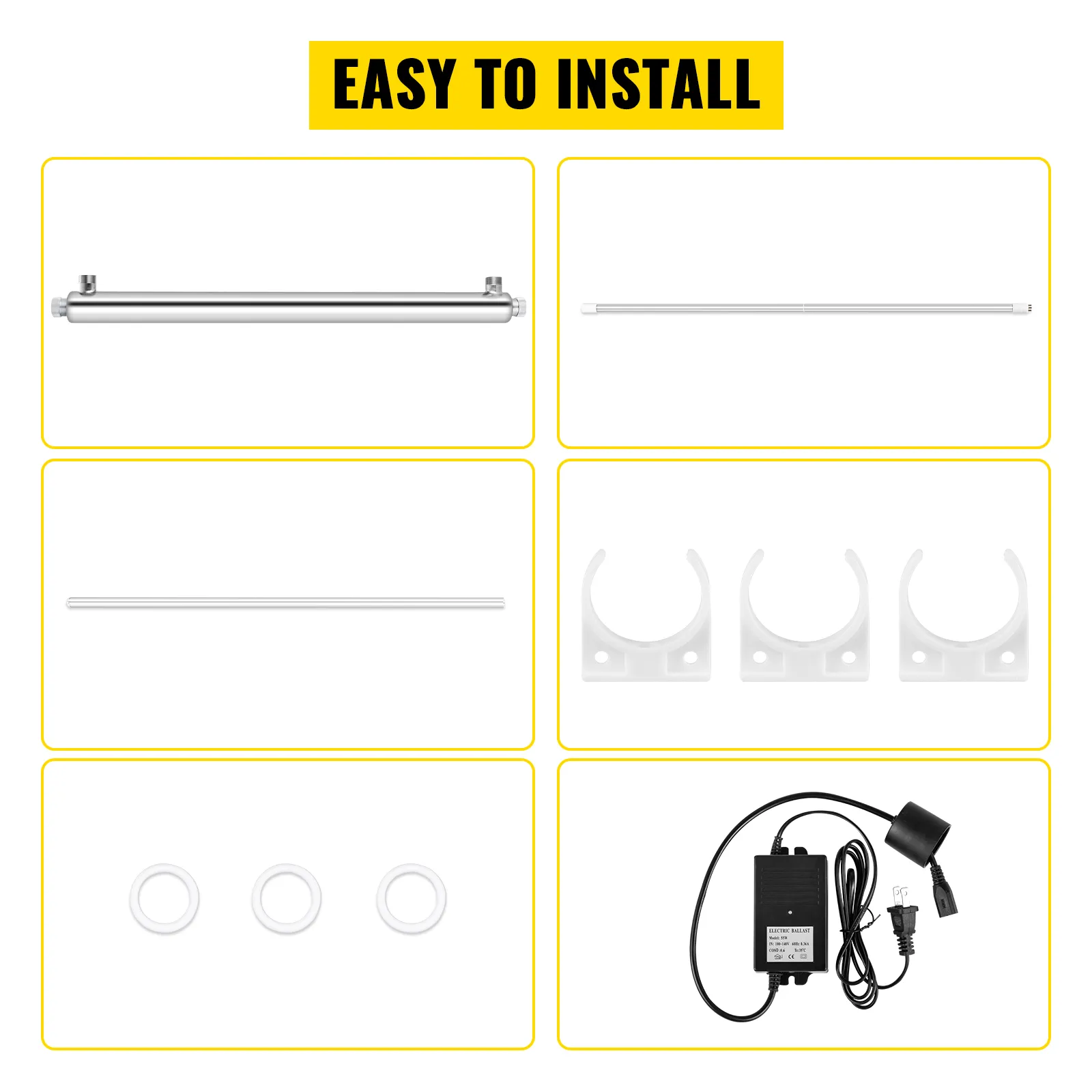 Kit de instalación de purificador de agua UV VEVOR con tubo principal, soportes y adaptador.