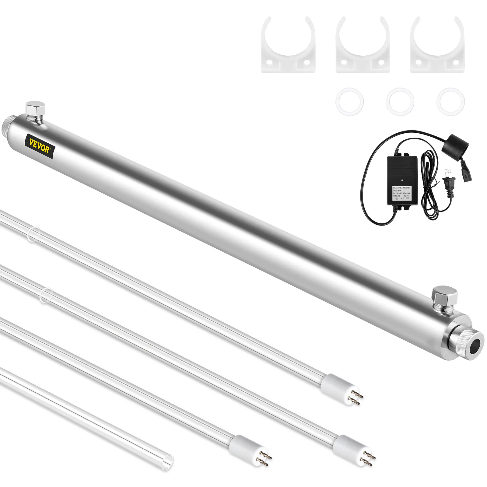 Purificador de agua VEVOR cuerpo de acero inoxidable con componentes y adaptador de corriente.