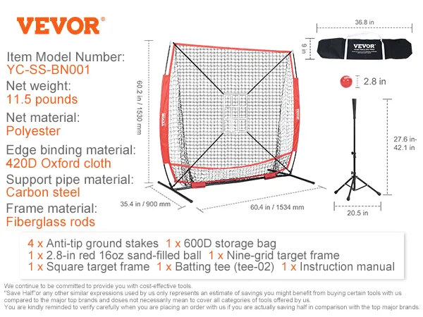 VEVOR baseball practice net with fiberglass rods, carbon steel frame, and polyester net, includes accessories.