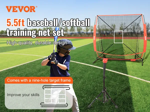 5.5ft VEVOR baseball practice net for training, with nine-hole target frame, on a green field.