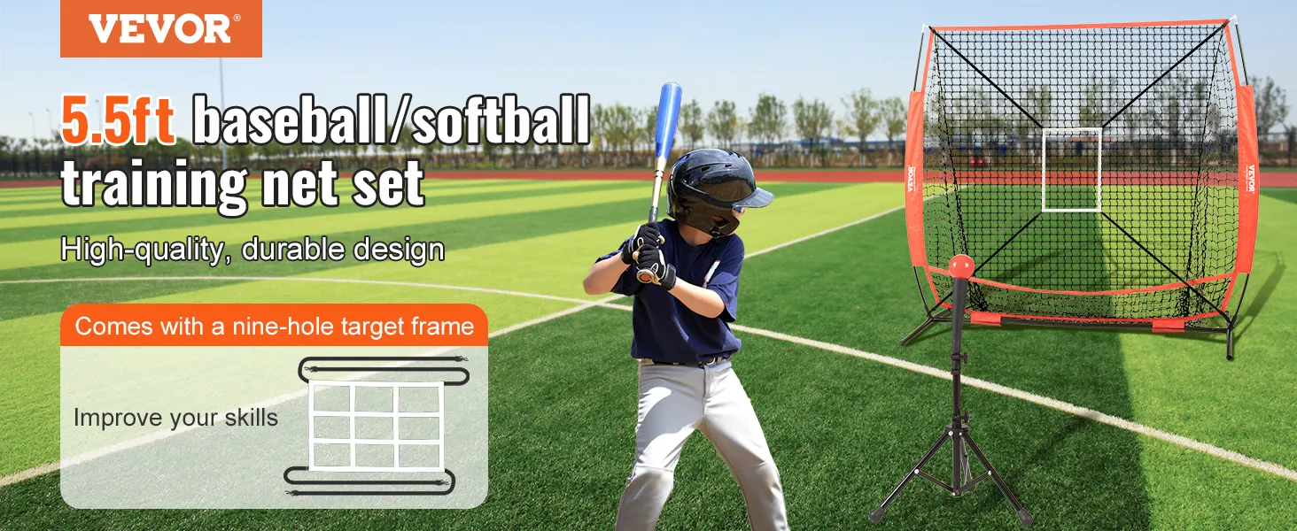 5.5ft VEVOR baseball practice net for training, with nine-hole target frame, on a green field.
