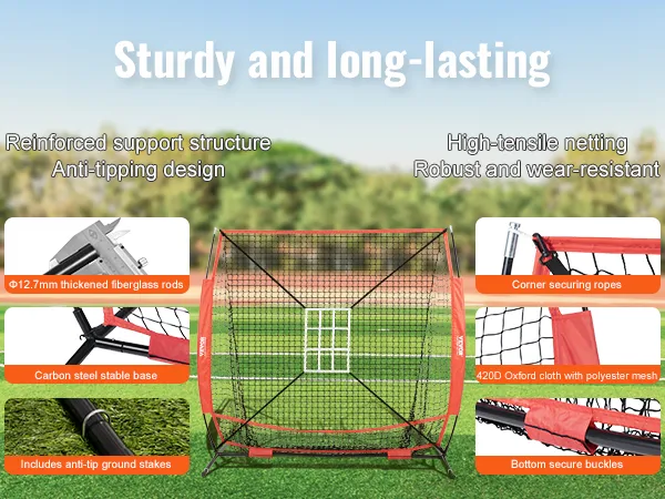 VEVOR baseball practice net with high-tensile netting, fiberglass rods, and carbon steel base.