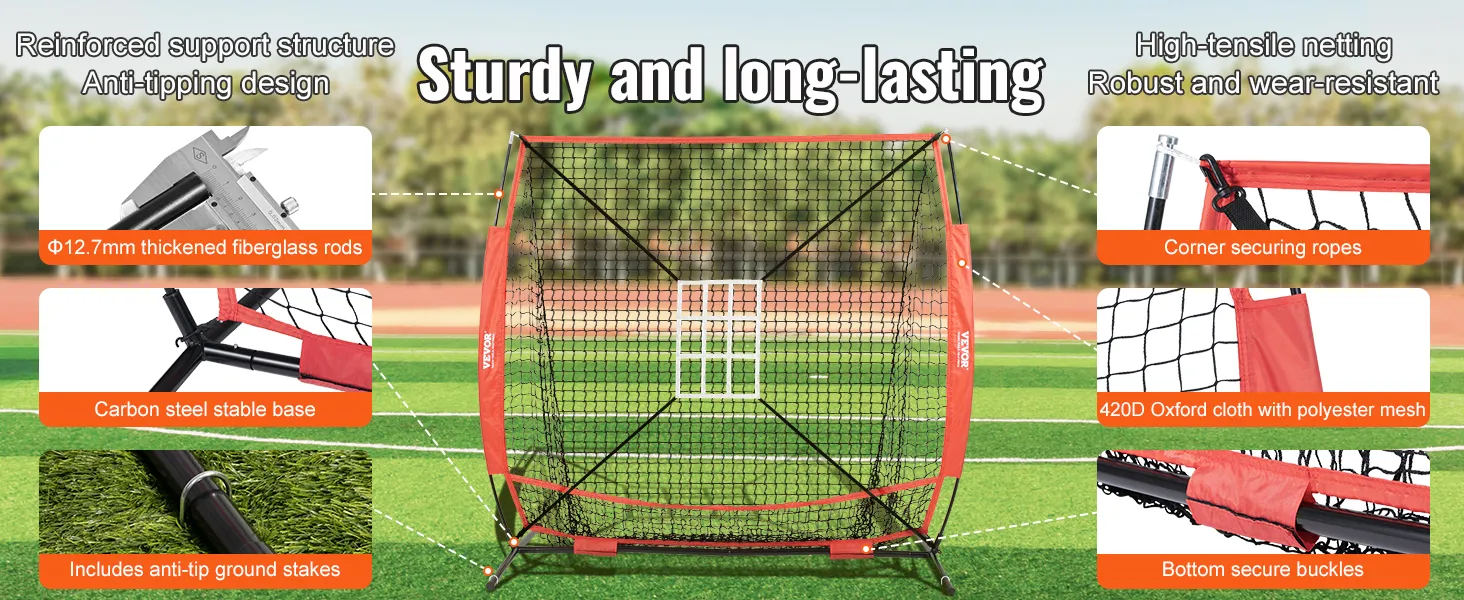 VEVOR baseball practice net with high-tensile netting, fiberglass rods, and carbon steel base.