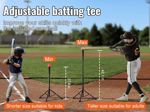 adjustable batting tee for all ages, demonstrating shorter size for kids and taller size for adults.