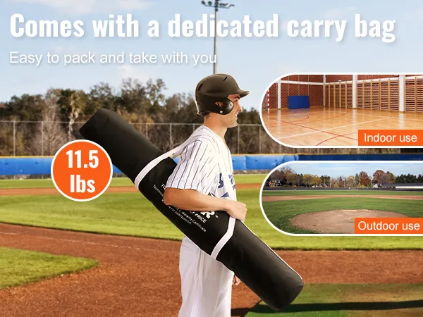 player carrying VEVOR baseball practice net in dedicated bag on a baseball field with indoor and outdoor use labels.
