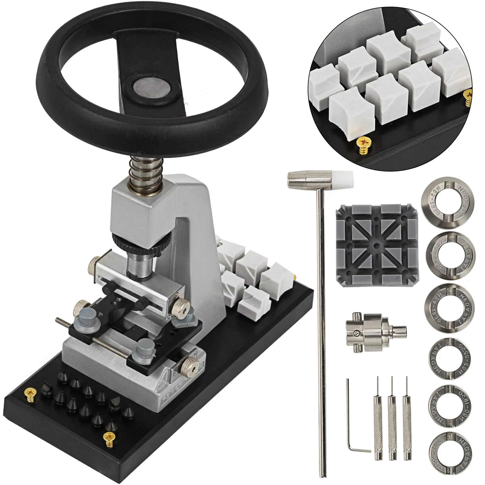 VEVOR watch opener with adjustable holder, wrenches, dies, and toolkit.