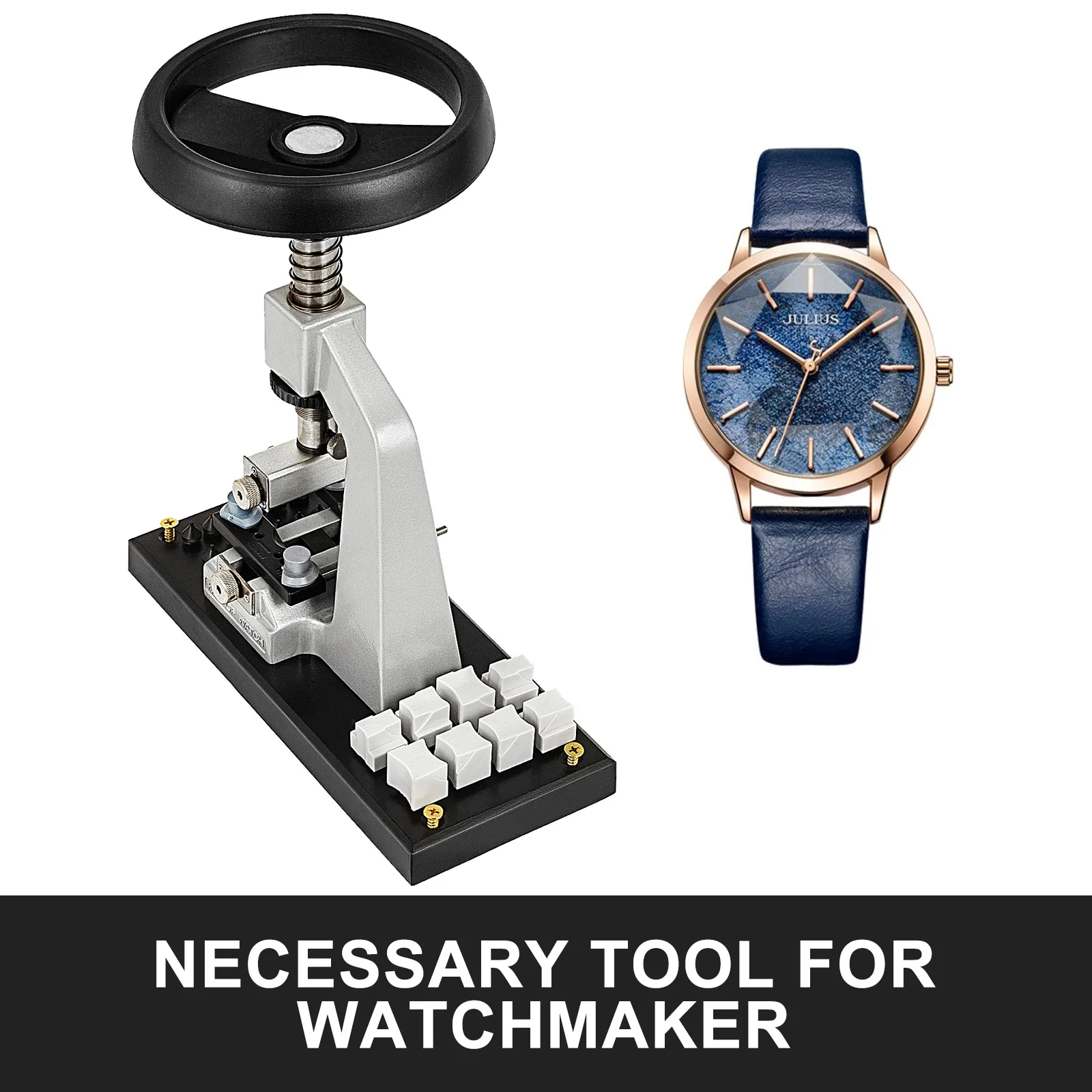 VEVOR watch opener next to a blue wristwatch on a white background.