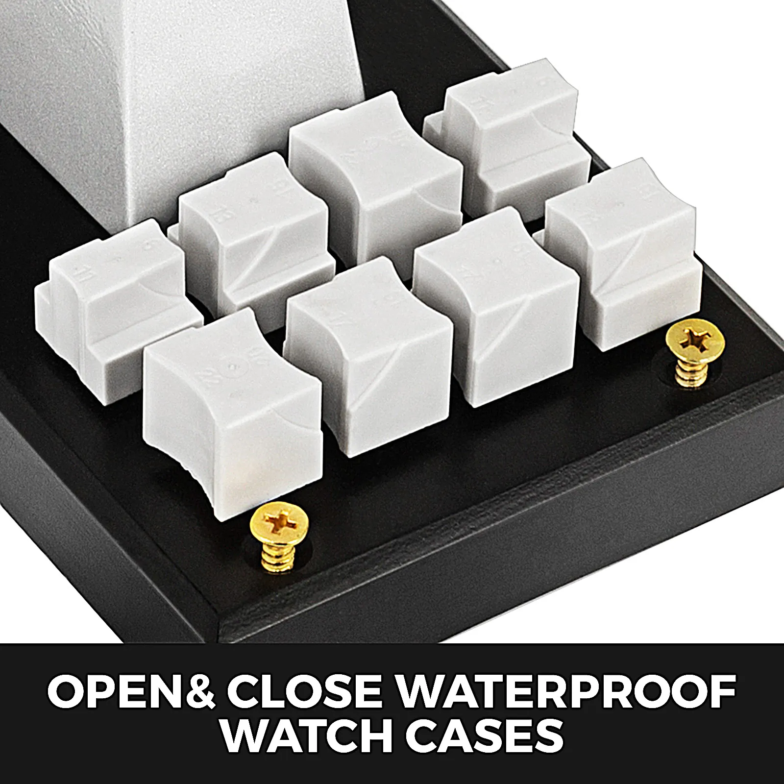 VEVOR watch opener toolset for waterproof watch cases with white blocks on black base.