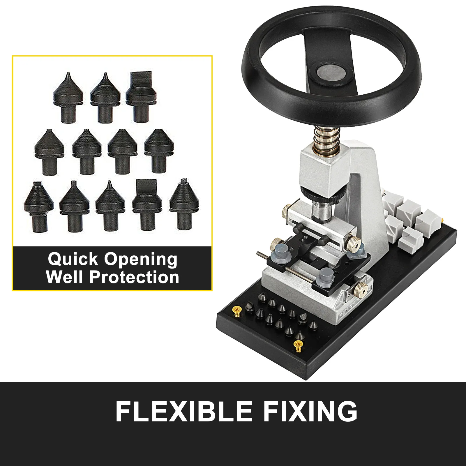 VEVOR watch opener with interchangeable heads and secure fixing base.