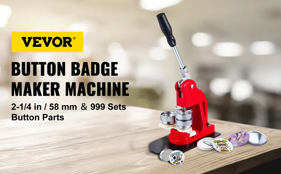 VEVOR button maker machine on a wooden table with button parts and sample buttons.