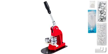 red VEVOR button maker with accessories including button parts and a cutting tool.