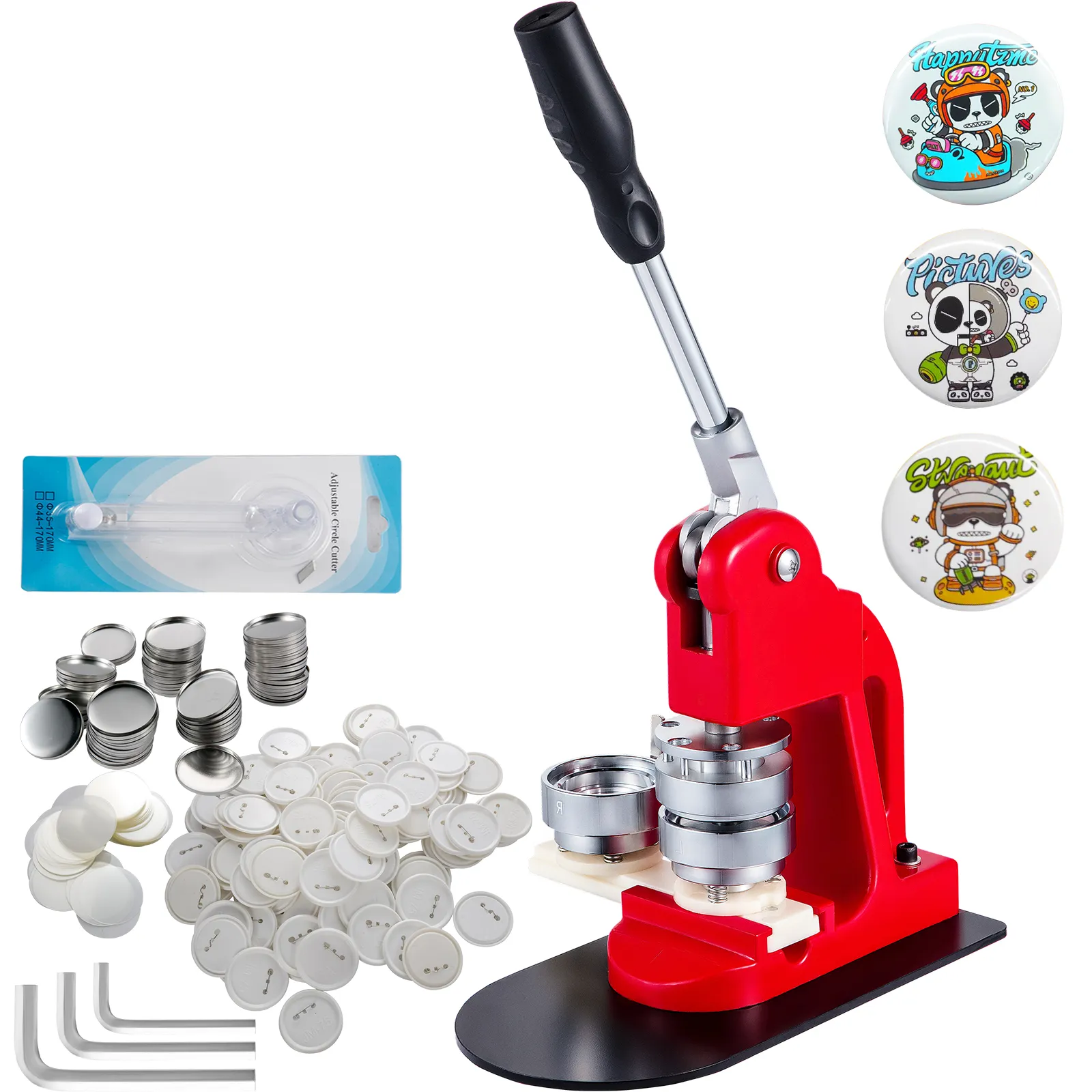 VEVOR button maker with red press, buttons, and accessories.