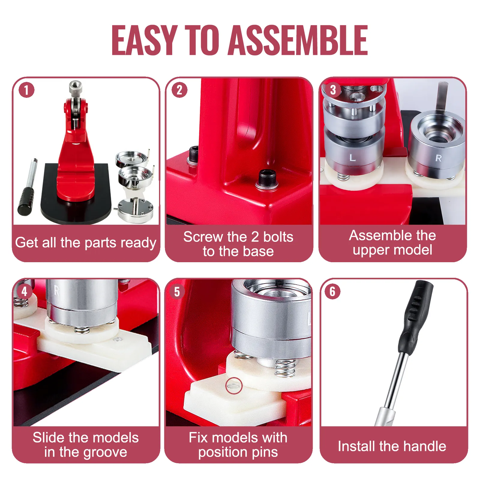 easy assembly guide for VEVOR button maker, includes steps and components.