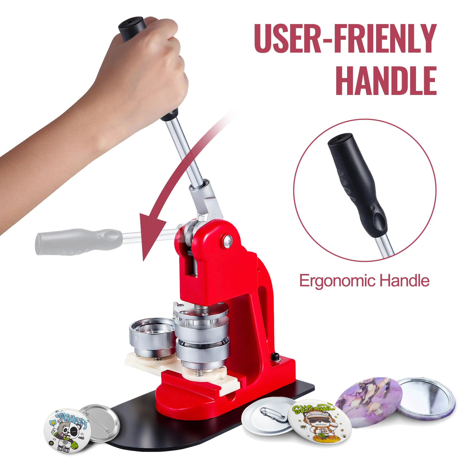 VEVOR button maker: red machine with user-friendly ergonomic handle and custom buttons nearby.