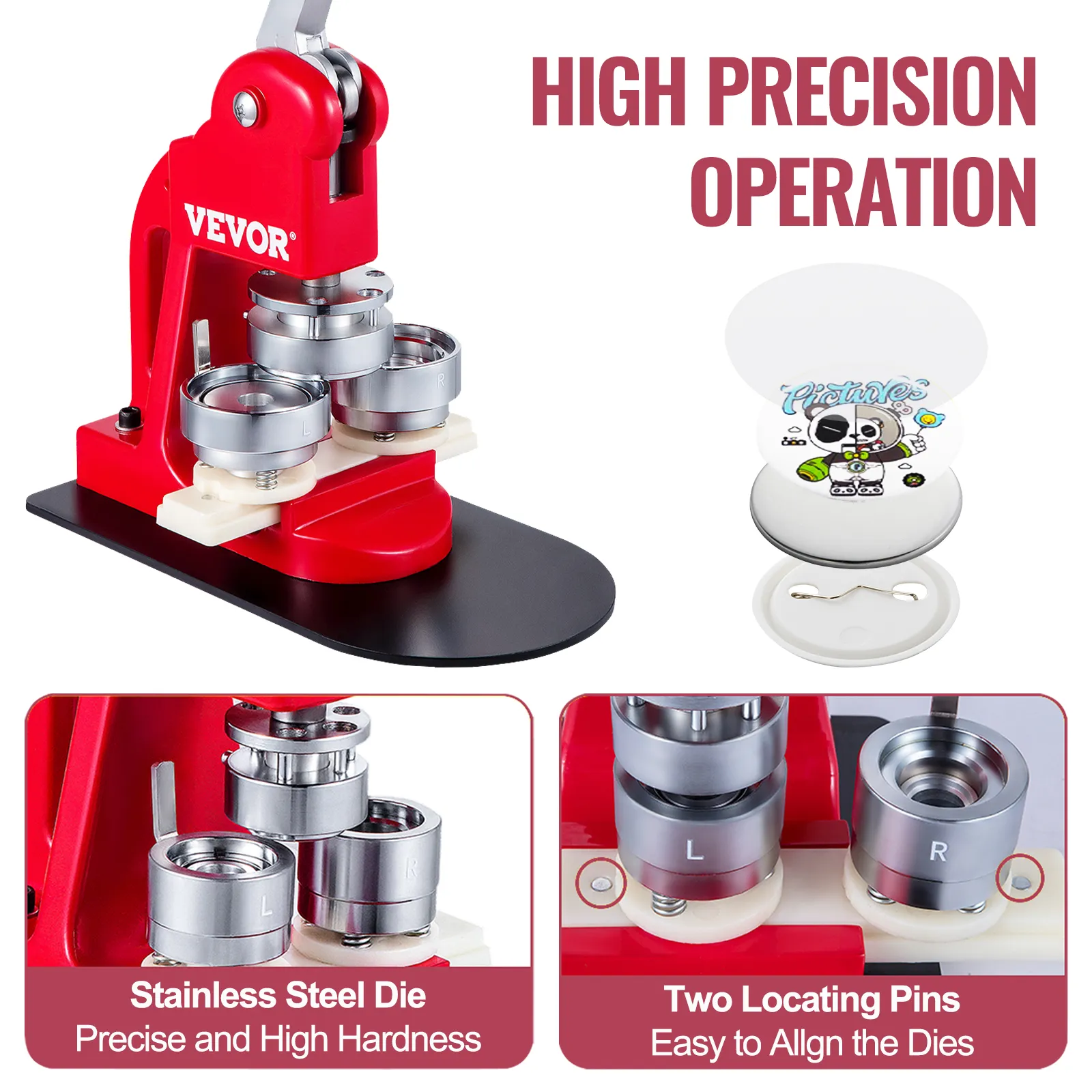 VEVOR button maker featuring stainless steel dies and two locating pins for precision.