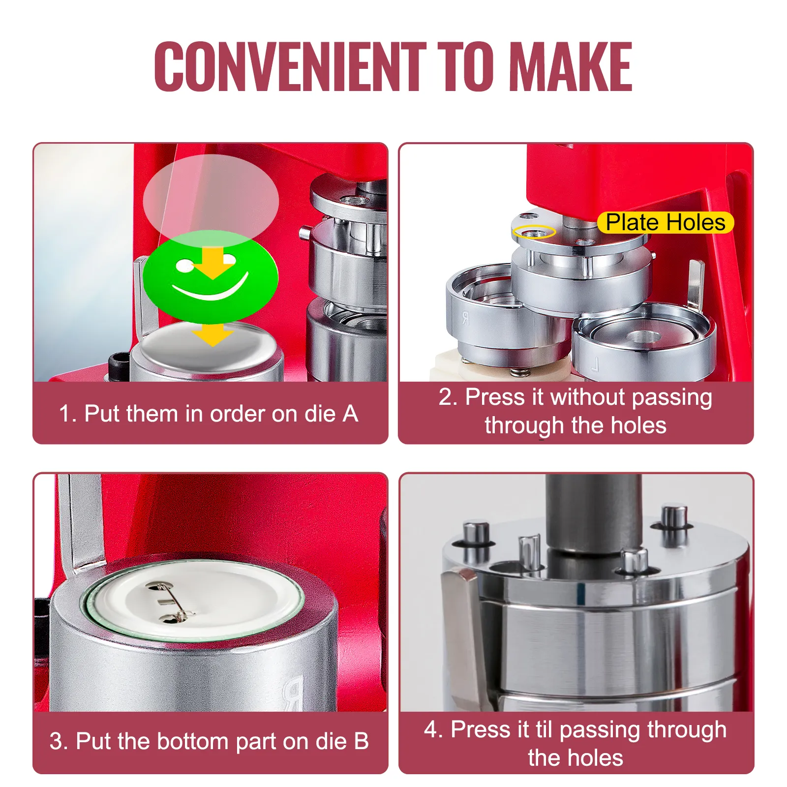 VEVOR button maker step-by-step instructions with images for easy assembly.