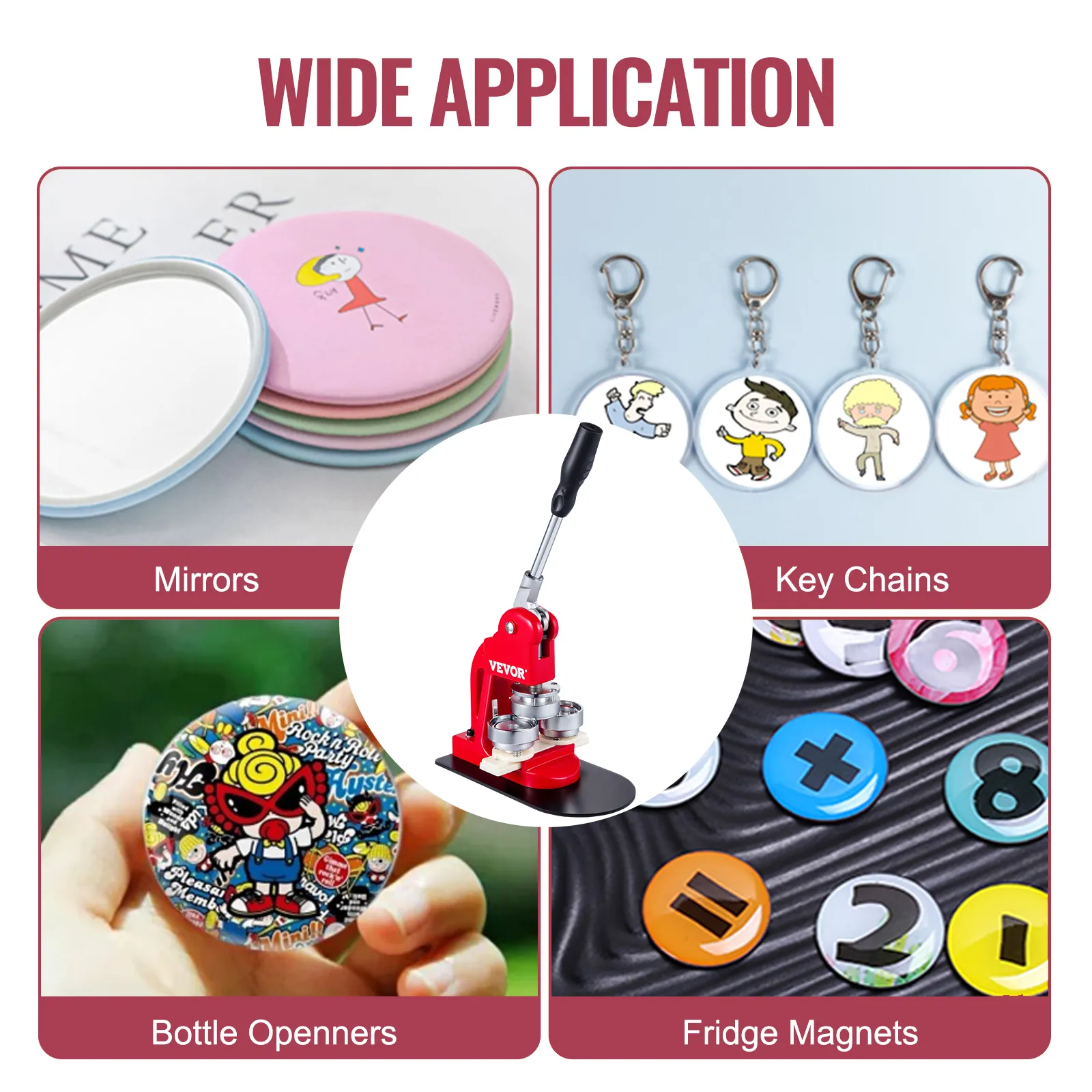 VEVOR button maker showing mirrors, keychains, bottle openers, and fridge magnets.