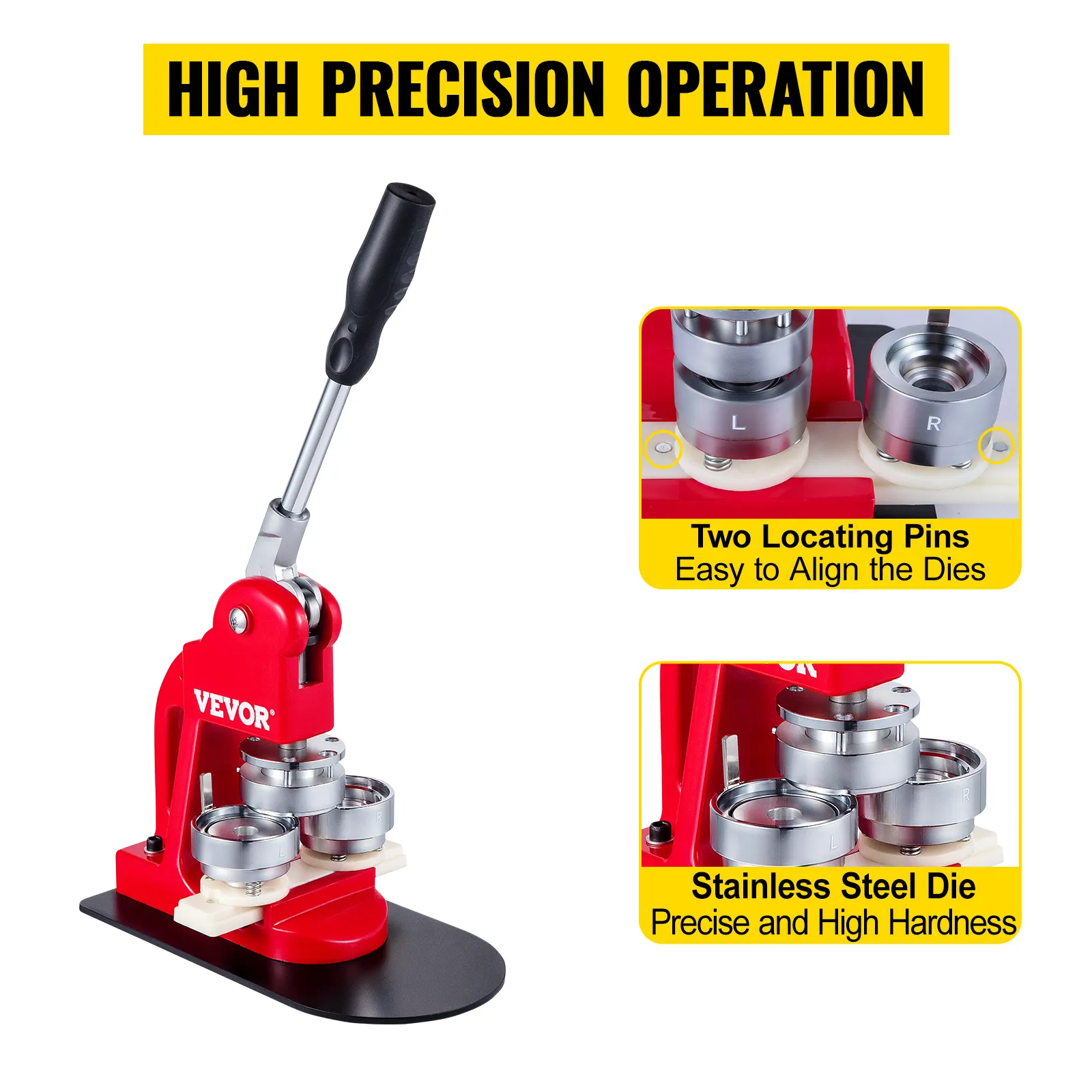 VEVOR button maker with high precision operation and easy-to-align stainless steel dies.