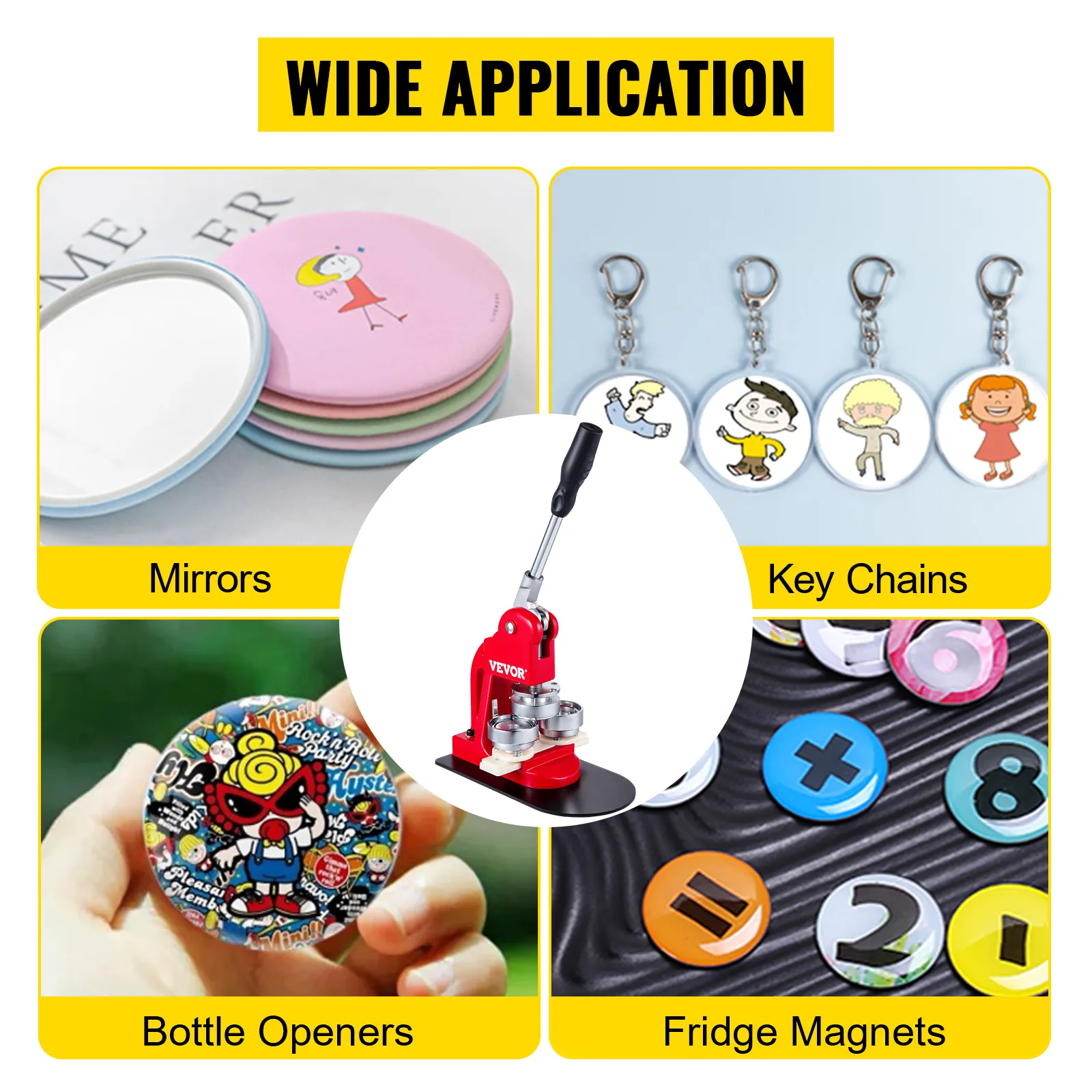 VEVOR button maker displayed with mirrors, key chains, bottle openers, and fridge magnets.