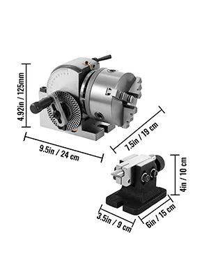 VEVOR dividing head with precise dimensions illustration for machining tasks.