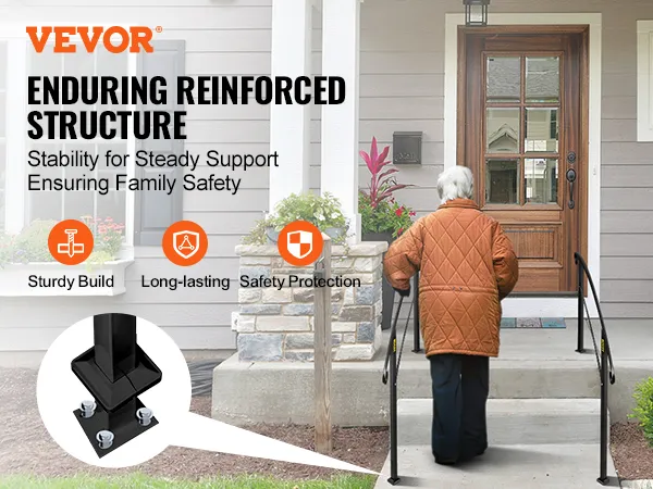 elderly person using VEVOR outdoor handrails for stability and support on porch steps.
