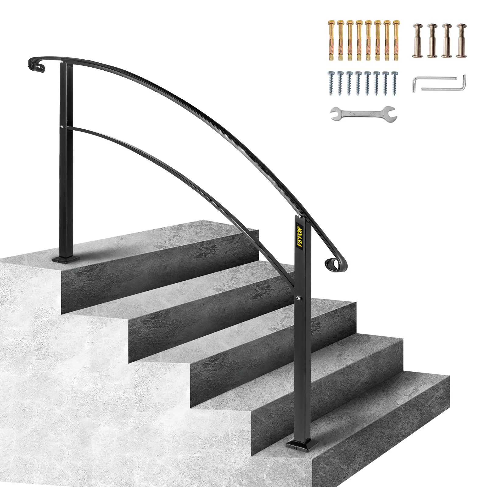 Pasamanos de exterior VEVOR con herrajes de montaje sobre escalones de hormigón.