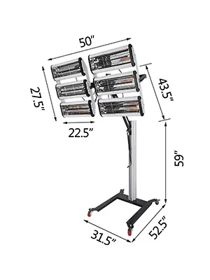 Lámpara de curado de pintura VEVOR con seis lámparas de calentamiento y altura ajustable sobre rodillos.