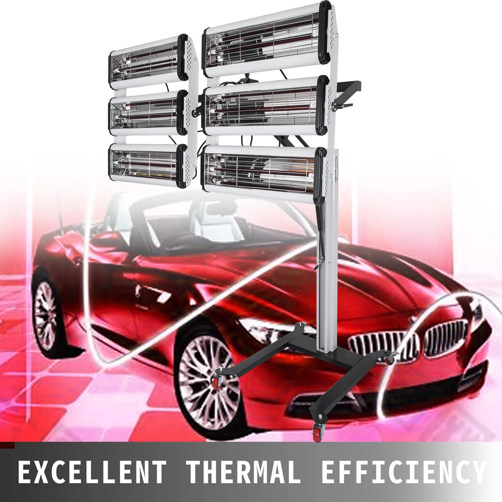 Lámpara de curado de pintura VEVOR con diseño de coche descapotable de color rojo y excelente eficiencia térmica.