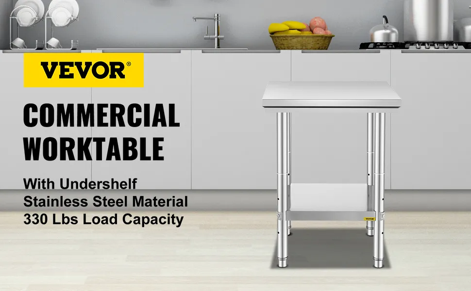Mesa de preparación de acero inoxidable VEVOR con estante inferior en un entorno de cocina moderno.
