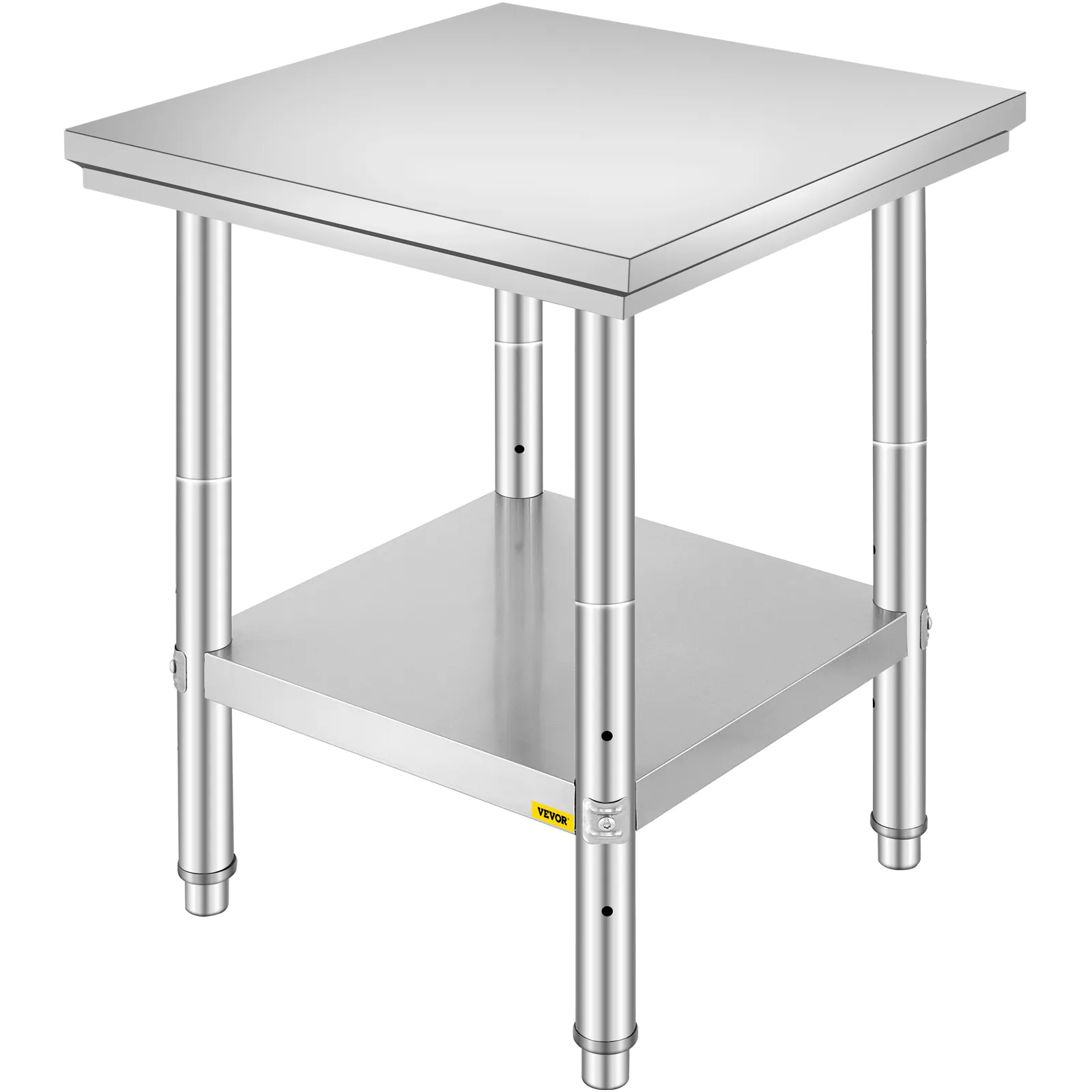 Mesa de preparación de acero inoxidable VEVOR con estante inferior ajustable y patas resistentes.
