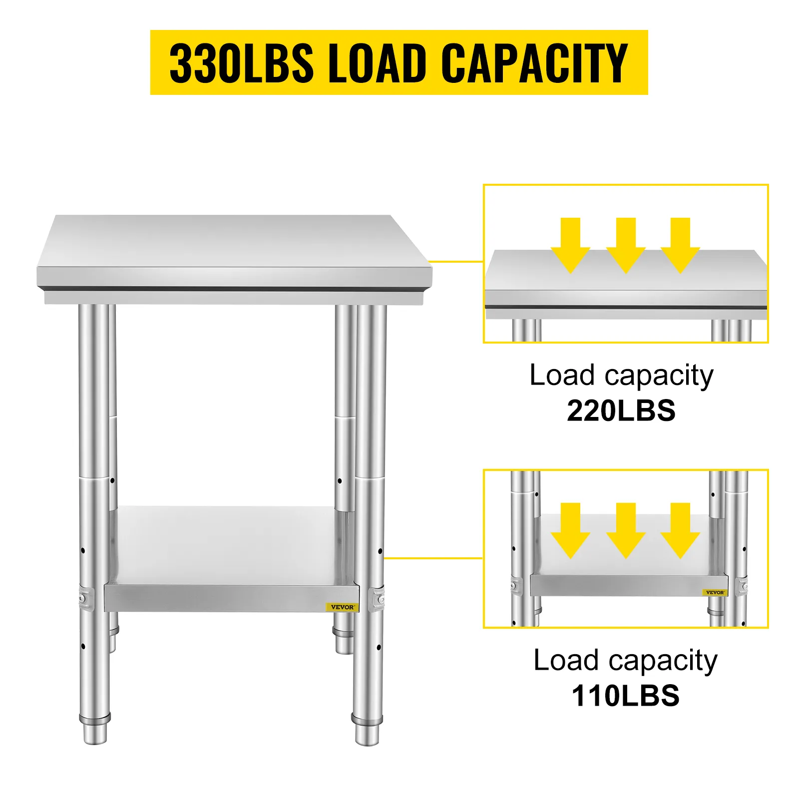 Mesa de preparación de acero inoxidable VEVOR con capacidad de carga de 330 libras, con diseño de dos niveles.