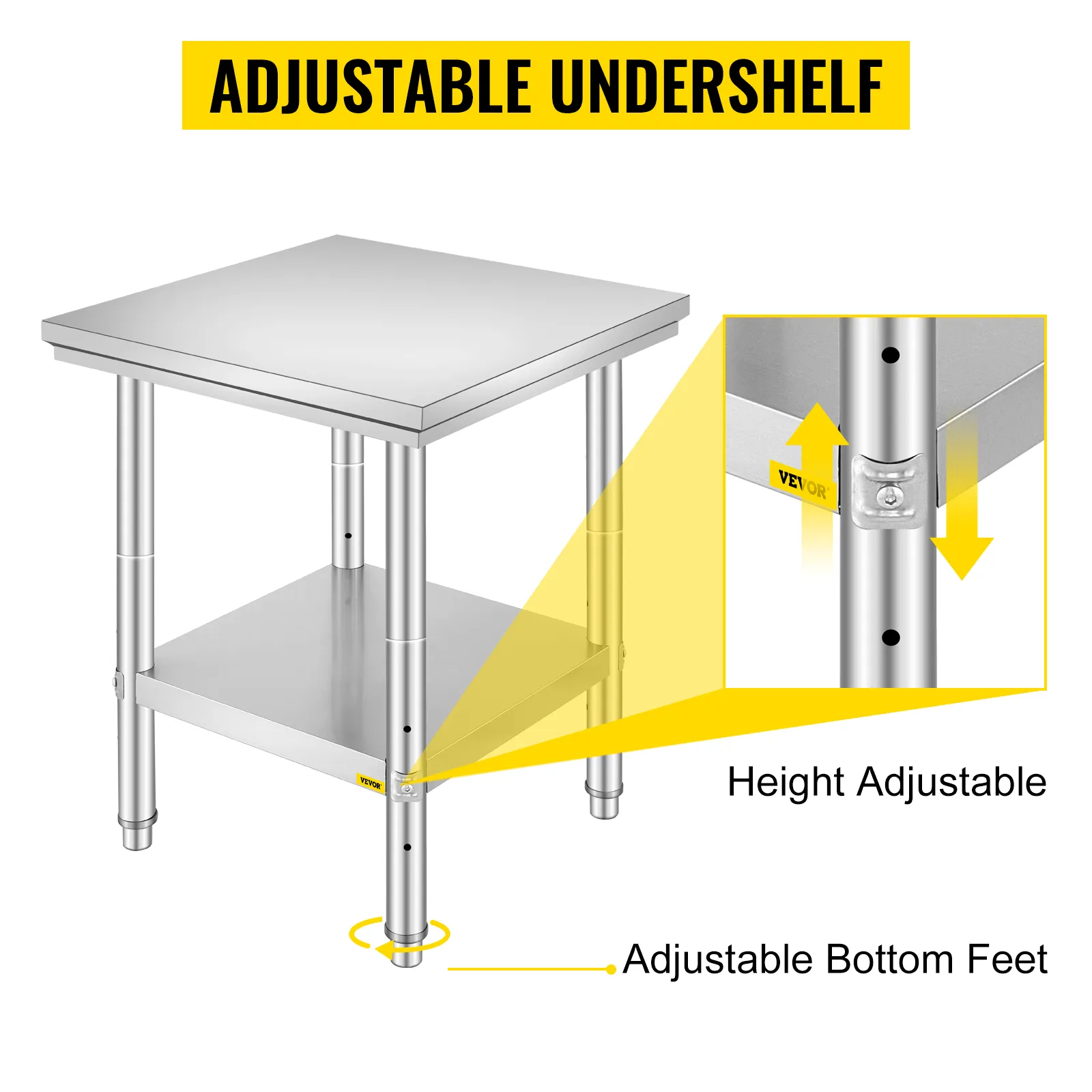 Mesa de preparación de acero inoxidable VEVOR con estante inferior ajustable y patas de altura regulable.