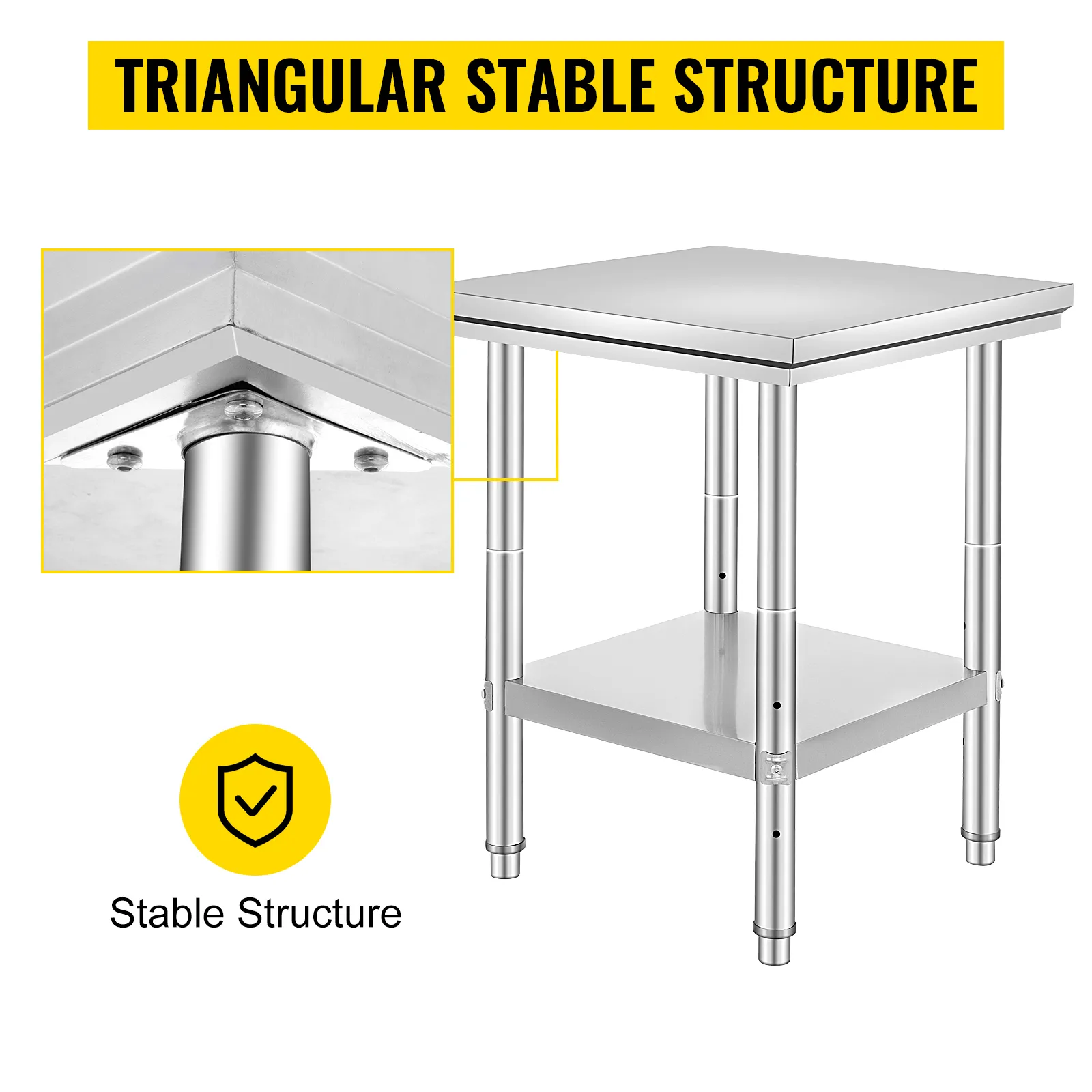 Mesa de preparación de acero inoxidable VEVOR con estructura triangular estable.