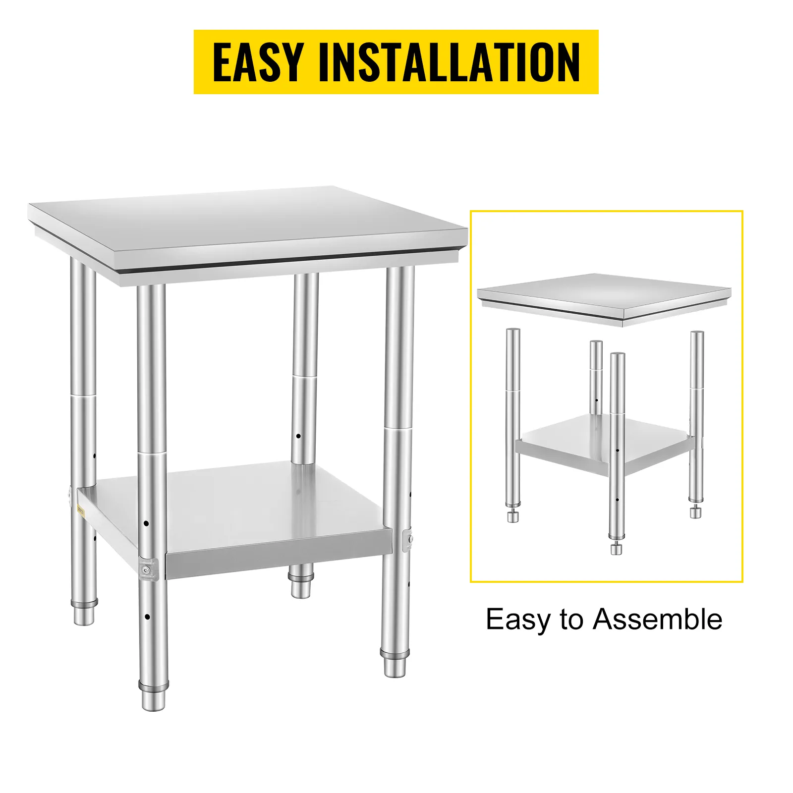 Mesa de preparación de acero inoxidable VEVOR con estante inferior, que se muestra con sencillos pasos de instalación.